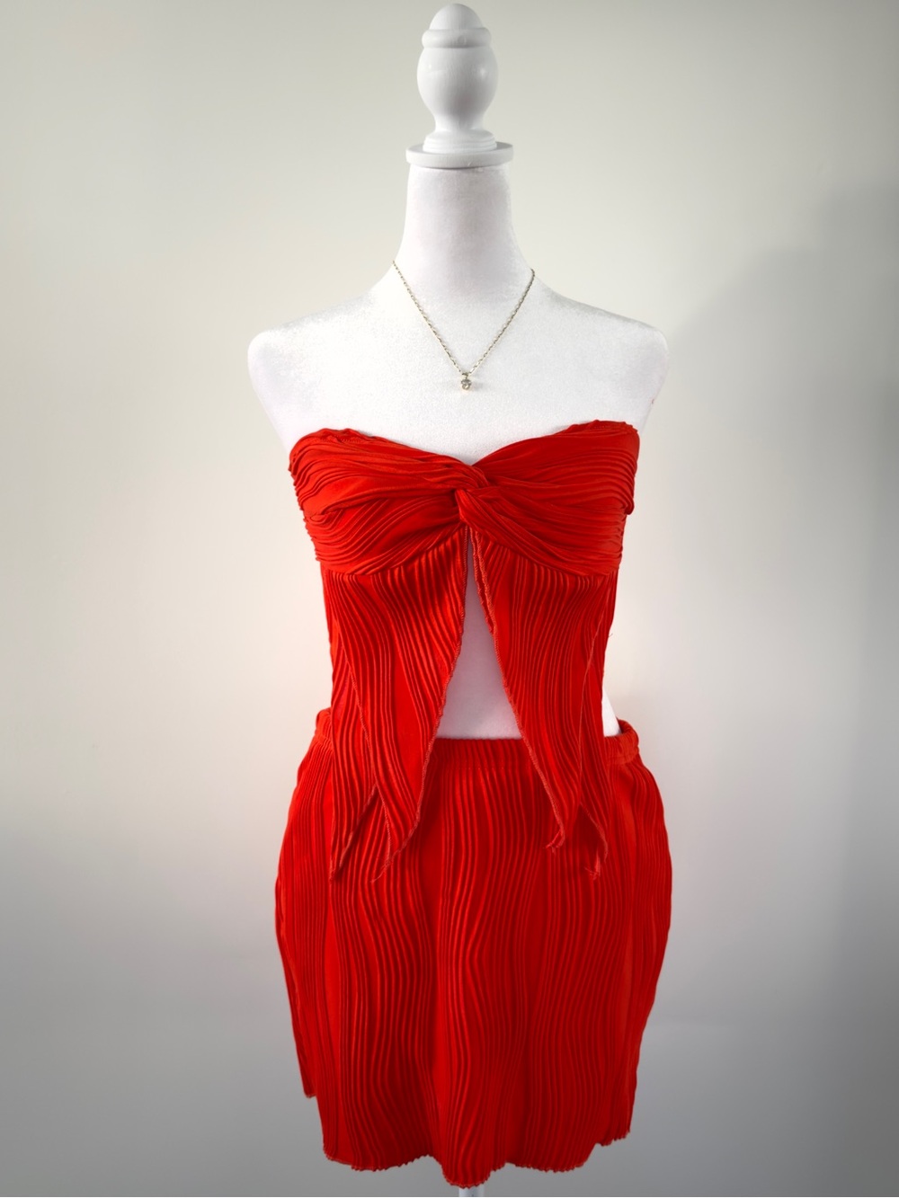 SHEIN Deep Orange Pleated Tie-Front Two-Piece Skirt Set